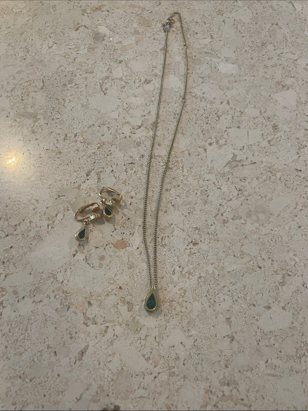 Gold Teardrop Green Stone Necklace and Earring Set - Women Jewelry